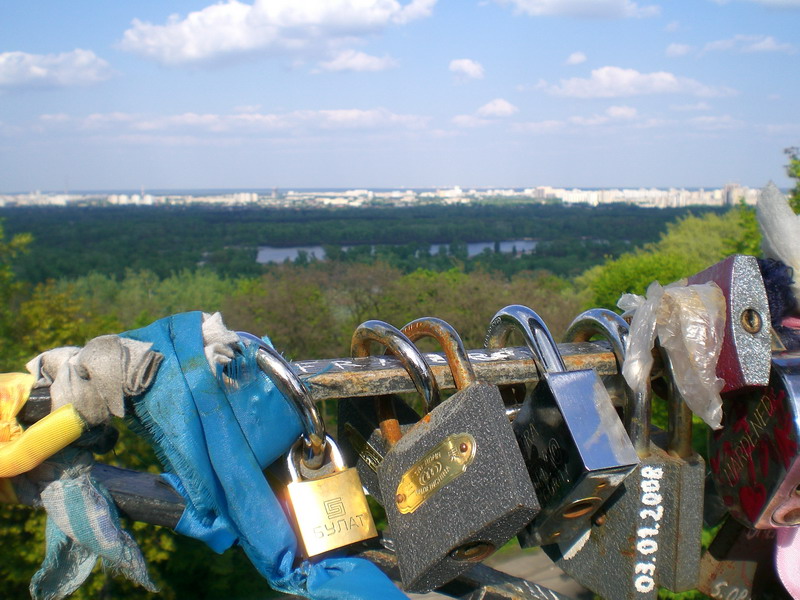 Locks hang on the "Bridge of Love" in Kiev.